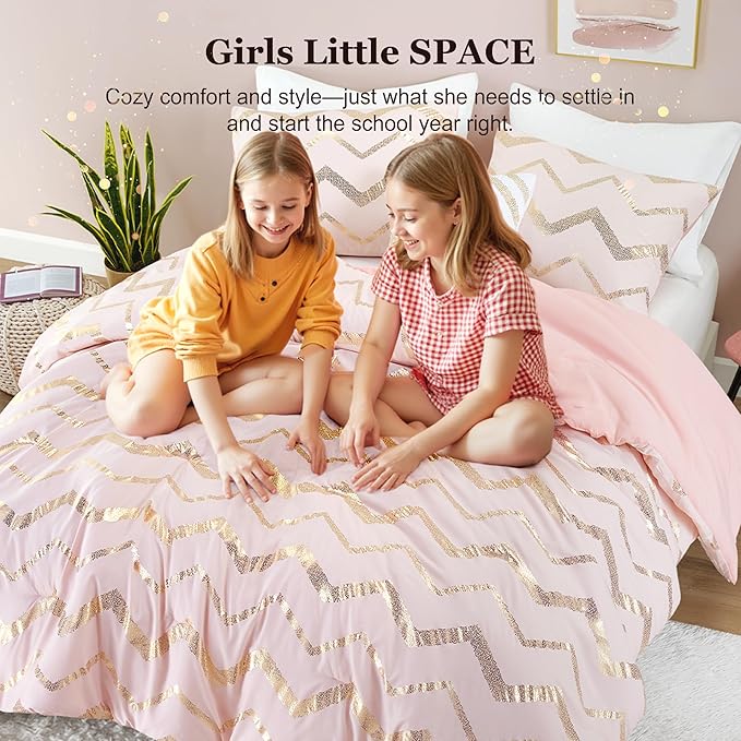 Codi Twin Comforter Set for Teen Girls, 3-Piece Pink and Gold Bedding, Warm and Lightweight for Dorm or Bedroom