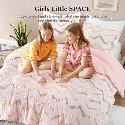 Codi Twin Comforter Set for Teen Girls, 3-Piece Pink and Gold Bedding, Warm and Lightweight for Dorm or Bedroom