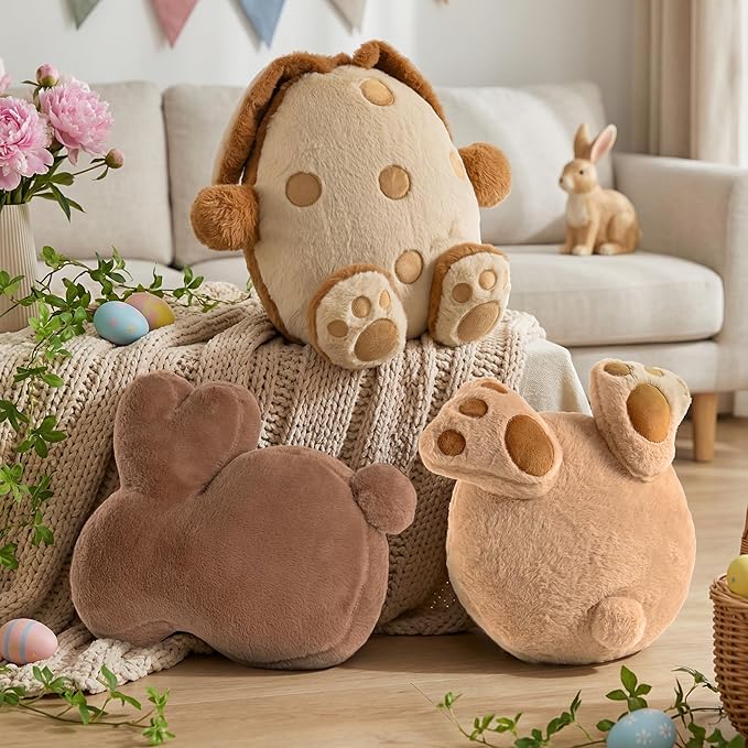 Lanpn Easter Shaped Throw Pillows Set of 3, Light Brown Egg with Feet Dark Brown Bunny Speckled Soft Velvet Egg with Ears and Tail Rabbit Cushions for Sofa Couch Bedroom Spring Decor