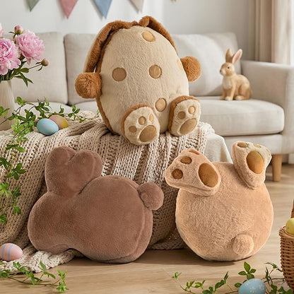Lanpn Easter Shaped Throw Pillows Set of 3, Light Brown Egg with Feet Dark Brown Bunny Speckled Soft Velvet Egg with Ears and Tail Rabbit Cushions for Sofa Couch Bedroom Spring Decor