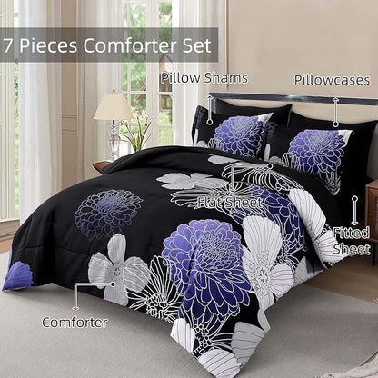 Yiran Floral Comforter Set Queen 7 Pieces Bed in a Bag Purple White Black Flower Comforter Soft Microfiber Bedding Sets for All Seasons 90"×90"