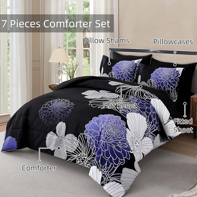 Yiran Floral Comforter Set King 7 Pieces Bed in a Bag Purple White Black Flower Comforter Soft Microfiber Bedding Sets for All Seasons 104"×90"