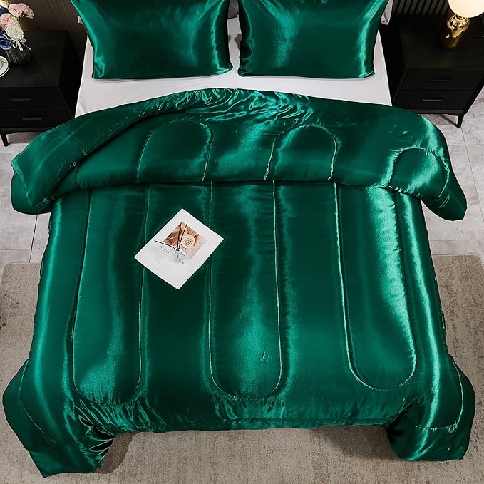 Bedding_Dreamer Satin Comforter Set King Size Silk Like Silky Down Comforter Luxury Hotel Silky Bed Home Deocr Blackish Green Bedding Set