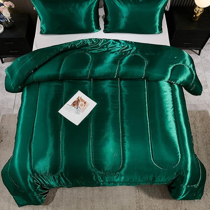 Bedding_Dreamer Satin Comforter Set Queen Size Silk Like Silky Down Comforter Luxury Hotel Silky Bed Home Deocr Blackish Green Bedding Set