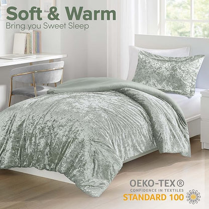 Comfort Spaces Luxe Velvet Comforter Set for Twin Size Bed, Microfiber Reverse, Juliette, All Season Bedding, Fluffy Bed Set, Sham, Sage Green 2 Piece