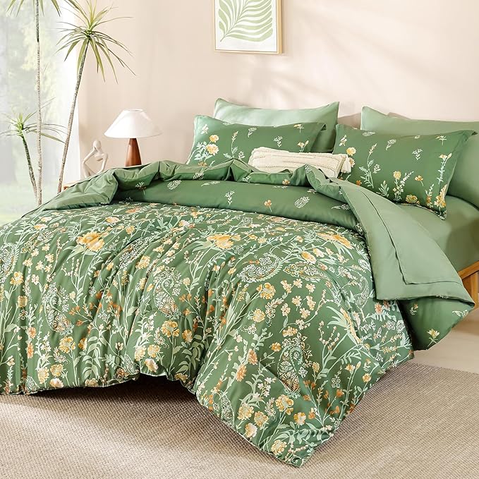 Yiran 7 Piece Sage Green Watercolour Floral Comforter Set King Size, Watercolour Botanical Comforter Bedding Set, Bed in a Bag King, Soft Microfiber Complete Bedding Set with Sheets for All Season