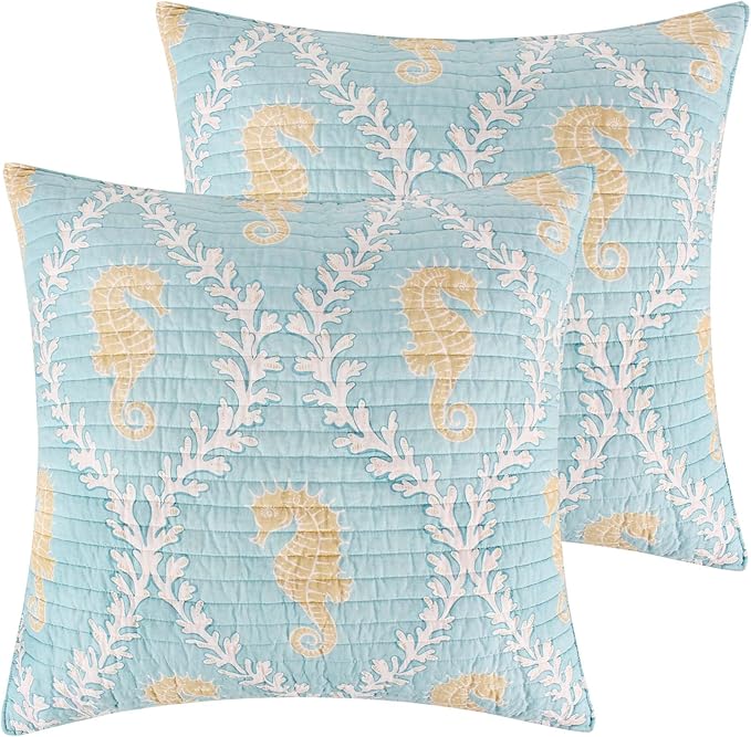 Levtex Home - Kailua Euro Sham - Seahorses - Blue Taupe and Cream - Euro Sham (26x26in.), No Insert - Cotton