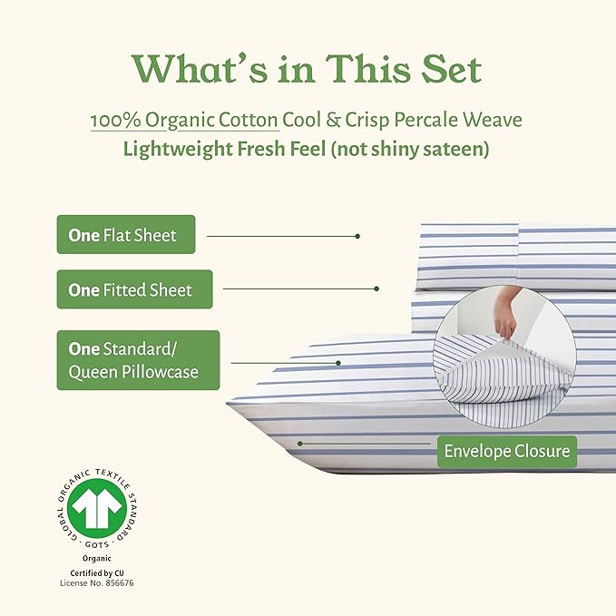 California Design Den Striped Twin Sheets Set - 100% Organic Cotton, Soft and Crisp Percale Sheets with Deep Pockets, Durable Bedding Set - Blue Stripe