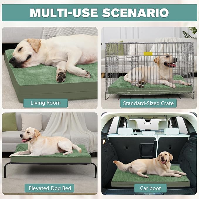 Outdoor Dog Beds Waterproof Washable, XXL Crate Pad 48 inch Extra Large Sized Leather Foam Pet Bed with Removable Cover Reversible, Jumbo Anti-Slip Kennel Pad, 47"x29", Green