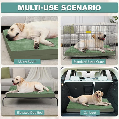 Outdoor Dog Beds Waterproof Washable, XXL Crate Pad 48 inch Extra Large Sized Leather Foam Pet Bed with Removable Cover Reversible, Jumbo Anti-Slip Kennel Pad, 47"x29", Green