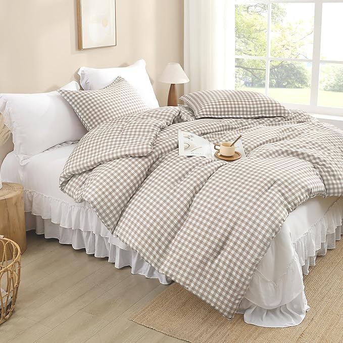 Andency Tan Checkered Comforter King(104x90Inch), Plaid Gingham Buffalo Grid Bedding Comforter Sets for Boys Kids Teens, 3 Pieces Lightweight Microfiber Geometric Preppy Bed Set