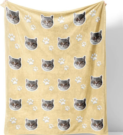 Custom Blanket with Funny Cat Face Personalized Soft Warm Fleece Throw Blankets with Paw Bones Customized Throws for Couch Bed Sofa Unique Gifts for Cat Dad Mom Pet Lovers