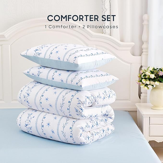 Wake In Cloud - Shabby Chic Comforter Set, Cottagecore Floral Romantic Charming Style with Botanical Stripe Pattern, Soft Lightweight Bedding, 3 Pieces, Blue White, Queen Size