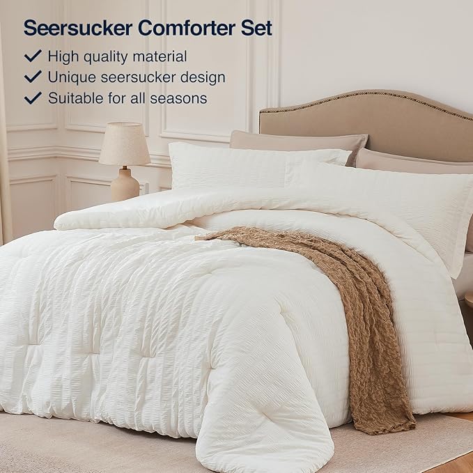 Beige Oversized Queen Comforter Set - 3 Pieces Seersucker Lightweight Bedding Comforter Sets (1 Soft Fluffy Comforter & 2 Pillowcases) - All Seasons Cozy Farmhouse Bed Sets for Women Men