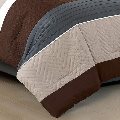 WPM 2 Piece Modern Design Twin Comforter Set. Multicolor Grey/Coffee Brown/Beige Taupe Color All Season Down Alternative Bedding Decor- Leni (Twin)