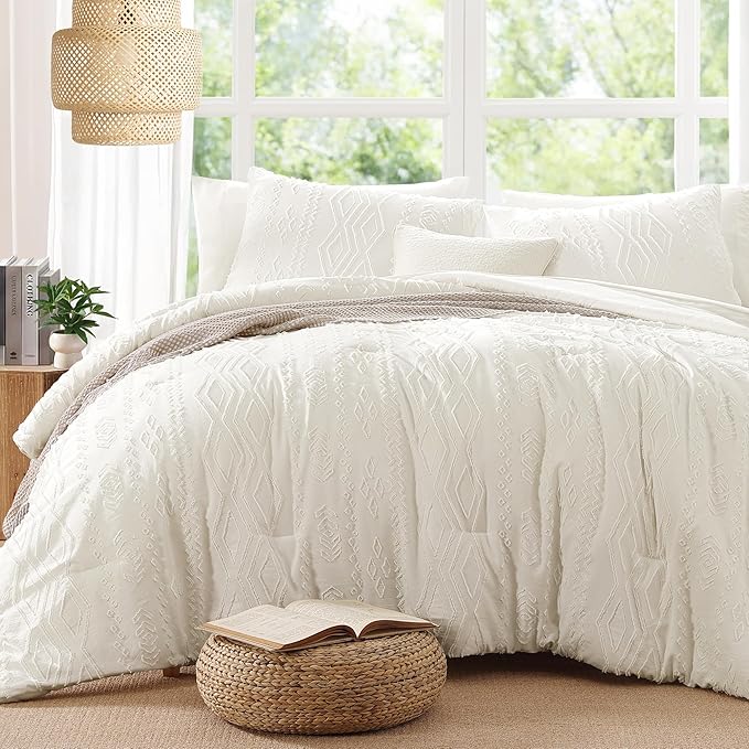 Queen Comforter Set White, Tufted Boho Bedding Farmhouse Bed Set, All Season 7 Pieces Bed in a Bag with Sheets, Pillowcases & Shams