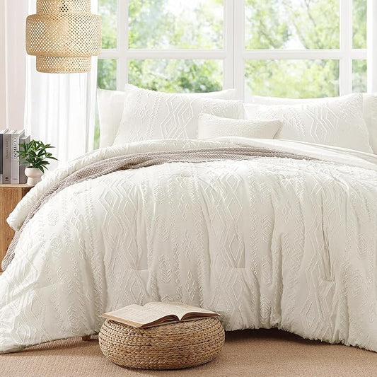 Full Size Comforter Set White, Tufted Boho Bedding Farmhouse Bed Set, All Season 7 Pieces Bed in a Bag with Sheets, Pillowcases & Shams
