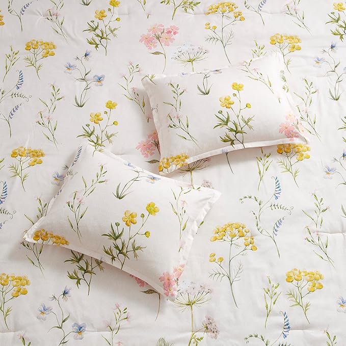 Queen Comforter Set 7 Piece Ultra Soft Fashion Printed Bedding Sets with Shams, Decorative Throw Pillows, and Pillowcases, Queen, Mazie Flowers