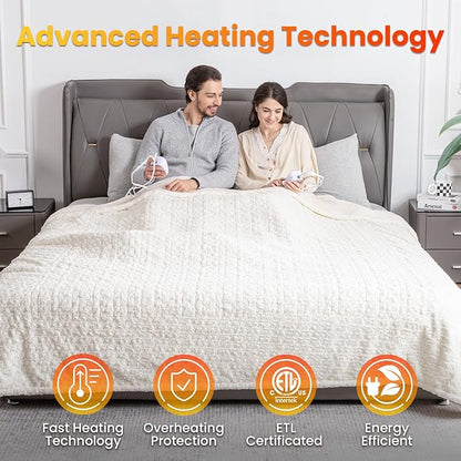 WOOMER Heated Blanket Queen Size 84" x 90", Electric Blanket with Dual Controls, 0.5-12 Hours Timer & 10 Heating Levels, ETL Certified, White Rose Patterns Faux Fur & Sherpa, Machine Washable