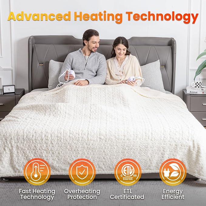 WOOMER Heated Blanket King Size 100" x 90", Electric Blanket with Dual Controls, 0.5-12 Hours Timer & 10 Heating Levels, ETL Certified, White Rose Patterns Faux Fur & Sherpa, Machine Washable