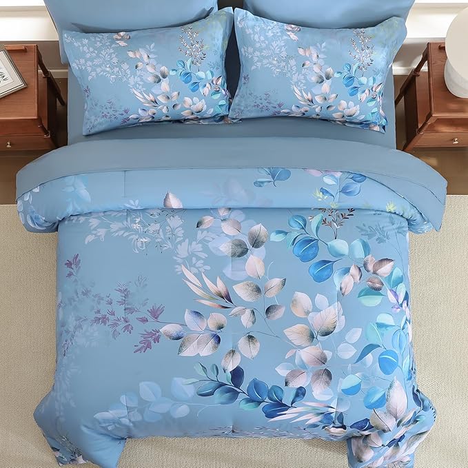 Xruibed Blue Comforter Set King Size 7 Pieces Bed in a Bag, Botanical Floral Print Bed Sets, Elegant Flower Comforter with Sheet Set, Soft Microfiber Bedding Set for All Season (Blue, 104"x90")
