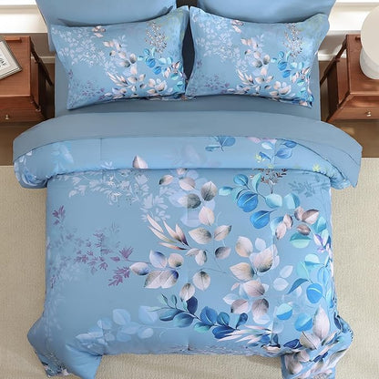 Xruibed Blue Comforter Set King Size 7 Pieces Bed in a Bag, Botanical Floral Print Bed Sets, Elegant Flower Comforter with Sheet Set, Soft Microfiber Bedding Set for All Season (Blue, 104"x90")