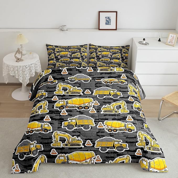 Erosebridal Excavator Comforter Set King Concrete Truck Pattern Bedding Set Child Teens Construction Down Comforter for Kids Boys Cartoon Toy Cars Quilt Set Bedroom Decor, Grey
