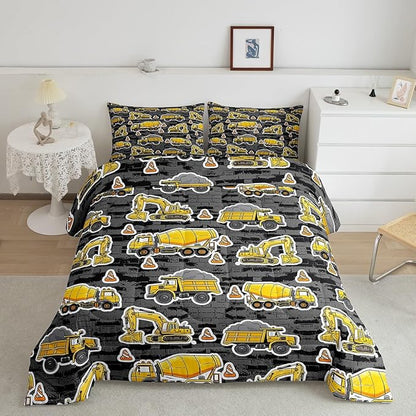 Erosebridal Excavator Comforter Set Queen Concrete Truck Pattern Bedding Set Child Teens Construction Down Comforter for Kids Boys Cartoon Toy Cars Quilt Set Bedroom Decor, Grey