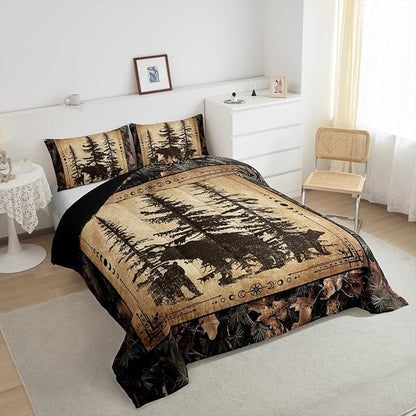 Erosebridal Tree Camo Cabin Comforter Set Twin Rustic Farmhouse Bedding Sets Camouflage Hunting Wildlife Bear Bedding Comforter Sets for Boys Teen Men,Woodland Pine Tree Animal Quilt Set 2 Pcs