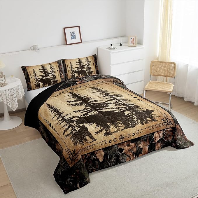 Erosebridal Tree Camo Cabin Comforter Set Queen Rustic Farmhouse Bedding Sets Camouflage Hunting Wildlife Bear Bedding Comforter Sets for Boys Teen Men,Woodland Pine Tree Animal Quilt Set 3 Pcs