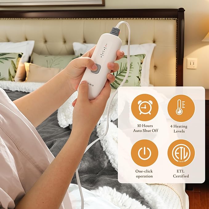 Electric Heated Blanket 62"x84" Twin Size Flannel & Sherpa - 4 Heat Settings & 10H Auto Shut Off for Safe Overnight Use, Fast Heating, Machine Washable for Bed, Couch, Office - Light Gray