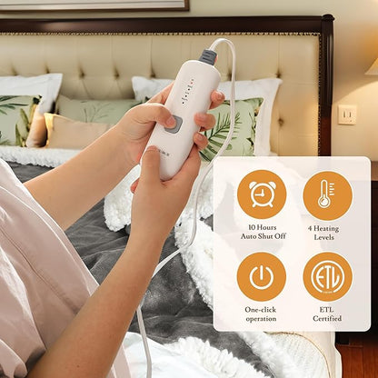 Electric Heated Blanket 62"x84" Twin Size Flannel & Sherpa - 4 Heat Settings & 10H Auto Shut Off for Safe Overnight Use, Fast Heating, Machine Washable for Bed, Couch, Office - Light Gray