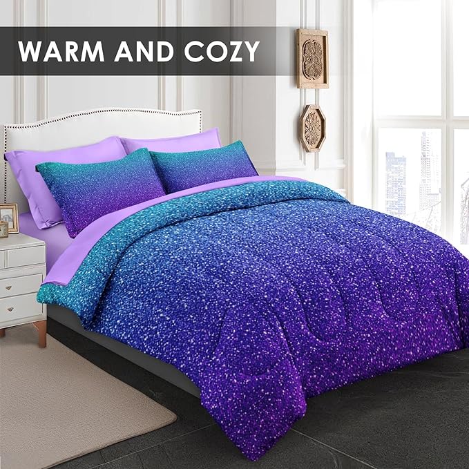 Comforter Set King Size, Colorful Girls Ombre Purple Glitter 7 Pcs Bedding for Kids and Adults, Neon Blue Teal Bed Sheet Sets with Fitted Sheet 2 Pillowcases & 2 Shams for Bedroom Bed Decor