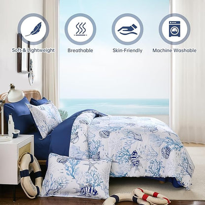WONGS BEDDING Coastal Queen Size Comforter,7 Pieces Beach Nautical Themed Bed in a Bag Bedding Set,Ocean Coral Starfish Pattern Soft Comforters for All Season, 90"x90"