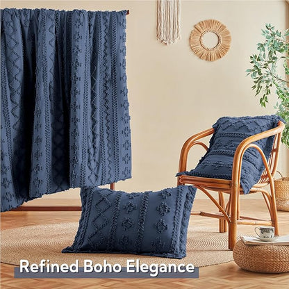 MR&HM Queen Comforter Set Navy Blue, 7 Pieces Tufted Boho Beddding Sets, Farmhouse Style Bed in a Bag with 1 Comforter, 2 Pillow Shams, 2 Pillowcases, 1 Flat Sheet, 1 Fitted Sheet for All Seasons