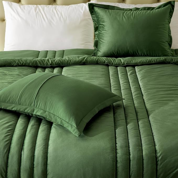 MUSSEL King Size Comforter Set Olive Green 3 Pieces,Luxury Velvet Striped Bedding Comforter Sets,Elegant Lightweight Neutral Soft Fluffy King Comforter Sets for Bedroom