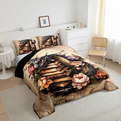 Manfei Black Dragon Comforter Twin,Vintage Animals Magic Books Quilt Comforter with 1 Pillowcase for All Season Bedroom,Rustic Flowers Botanical Plants Bedding Set Comfortable,Soft and Breathable