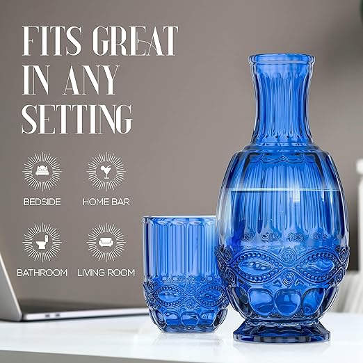 Bedside Water Carafe with Tumbler | 33-Ounce Pitcher and Matching Drinking Glass | Use Cup as a Lid for Carafe | For Guest Room, Nightstand, Office, or Gift | Blue | Elle Decor