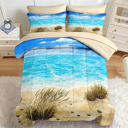 Nesker 7 Pcs Comforter Set Full Size, Coastal Beach Seascape Scenery Bedding Set for Kids and Adults, Blue Ocean Seaside Seaweed Summer Bed Sheet Sets with Fitted Sheet 2 Pillowcases & 2 Shams