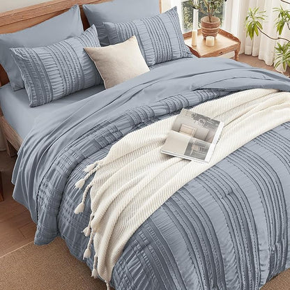 Blue Tufted Comforter Set King Size 7 Piece Bed in a Bag，Shabby Chic Boho Bedding for Bedroom Comforter，All Season Soft Microfiber Ruffle Comforter Set with Pillow and Sheets