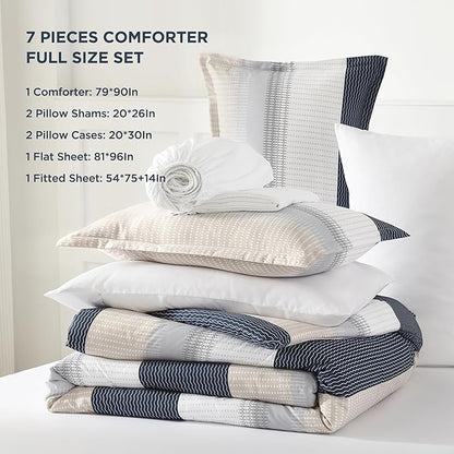 Andency Full Size Comforter Set Yellow Blue - 7 Pieces Blue Striped Lightweight Bed in a Bag, Soft Microfiber Reversible Bedding Set with Comforter, Fitted & Flat Sheet, Pillowcases & Shams