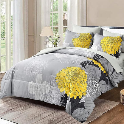 Yiran 7 Pieces Bed in a Bag Yellow Floral Comforter Set Flowers Comforter Sets Soft Microfiber Bedding Set Queen Size (1 Comforter 1 Flat Sheet 1 Fitted Sheet 2 Pillowshams 2 Pillowcases)