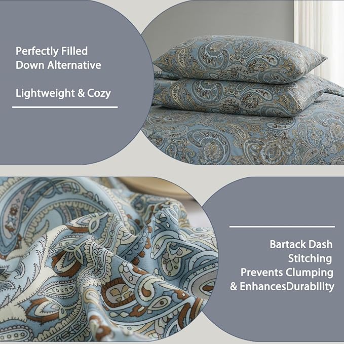 Blue Paisley Comforter Set King, 100% Cotton Boho Paisley Pattern Comforter Set 3 Pcs Soft Cotton Lightweight Comforter All Season Down Alternative Bedding Sets