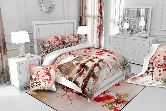 Pink Snowman Bedding Set Full Size,Cute Bird and Snowflake Cabin Comforter Set 3Pcs for Kids Girls Boys Teens Room Decor,Merry Christmas Quilt Set Romantic Winter Duvet Insert,2 Pillowcases