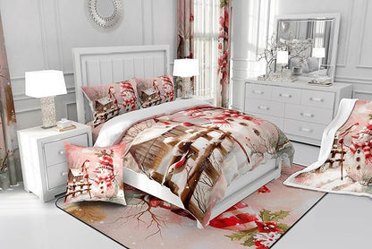 Pink Snowman Bedding Set Full Size,Cute Bird and Snowflake Cabin Comforter Set 3Pcs for Kids Girls Boys Teens Room Decor,Merry Christmas Quilt Set Romantic Winter Duvet Insert,2 Pillowcases