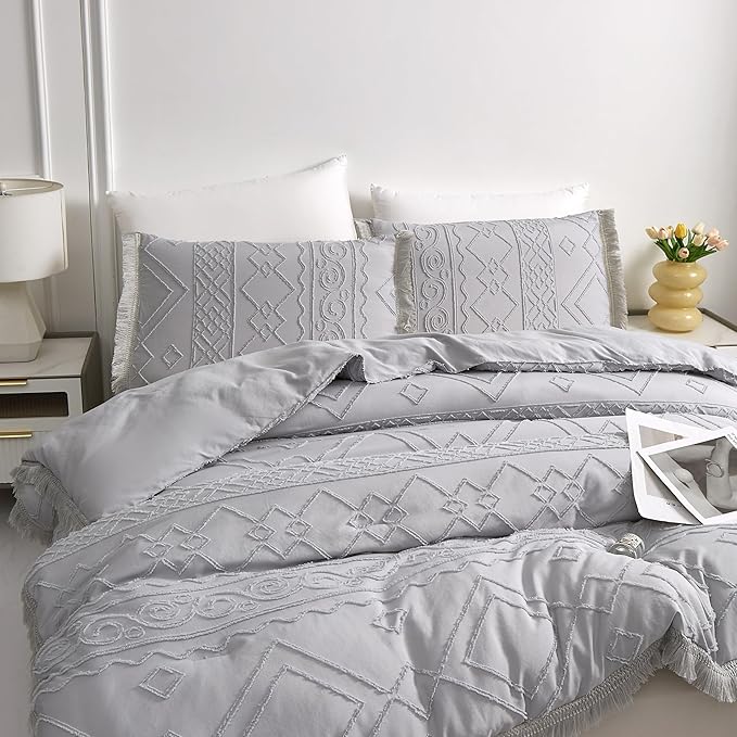 Boho King Size Comforter Set Grey 3 Pieces Tufted Tassel King Comforter Set Prime Lightweight Down Comforter King Size Gray Shabby Chic Boho Bedding Farmhouse Fluffy Comforter Bed Set Gift Choice