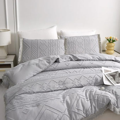 Boho King Size Comforter Set Grey 3 Pieces Tufted Tassel King Comforter Set Prime Lightweight Down Comforter King Size Gray Shabby Chic Boho Bedding Farmhouse Fluffy Comforter Bed Set Gift Choice