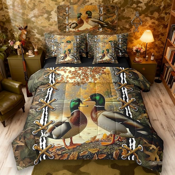 Rustic Comforter Set Full Size Bed Sheets and Comforter Set | Mallard Duck Camo Bedding 7 Piece Bedding Set Mens Hunting Bed in a Bag, Farmhouse Woodland Animals Room Decor,Camo Cabin Country Decor