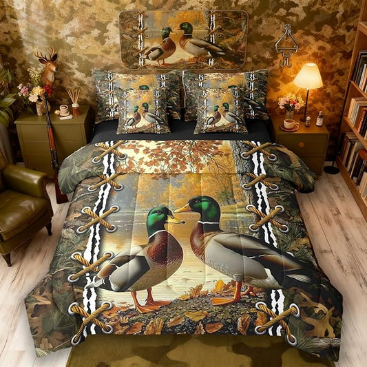 Rustic Comforter Set Full Size Bed Sheets and Comforter Set | Mallard Duck Camo Bedding 7 Piece Bedding Set Mens Hunting Bed in a Bag, Farmhouse Woodland Animals Room Decor,Camo Cabin Country Decor