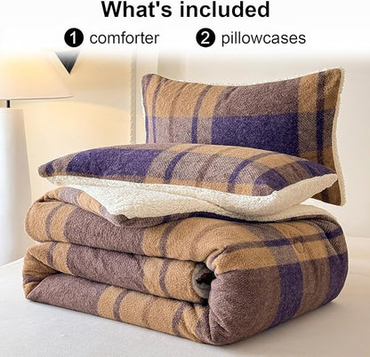 Cyusri Plaid Sherpa Comforter Set 3Pcs Fluffy Warm Fleece Down Alternative, Khaki Blue Grid Pattern Bedding Set with 2 Pillowcases, King Size 104"x90"